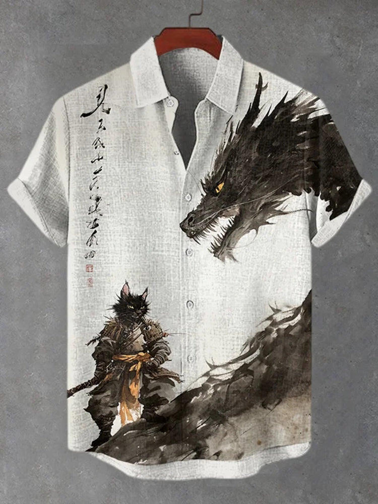 Men’s Cat Warrior And Dragon Duel Ink Painting Art Print Short Sleeve Shirt | Premium Cotton Linen Shirt for Men