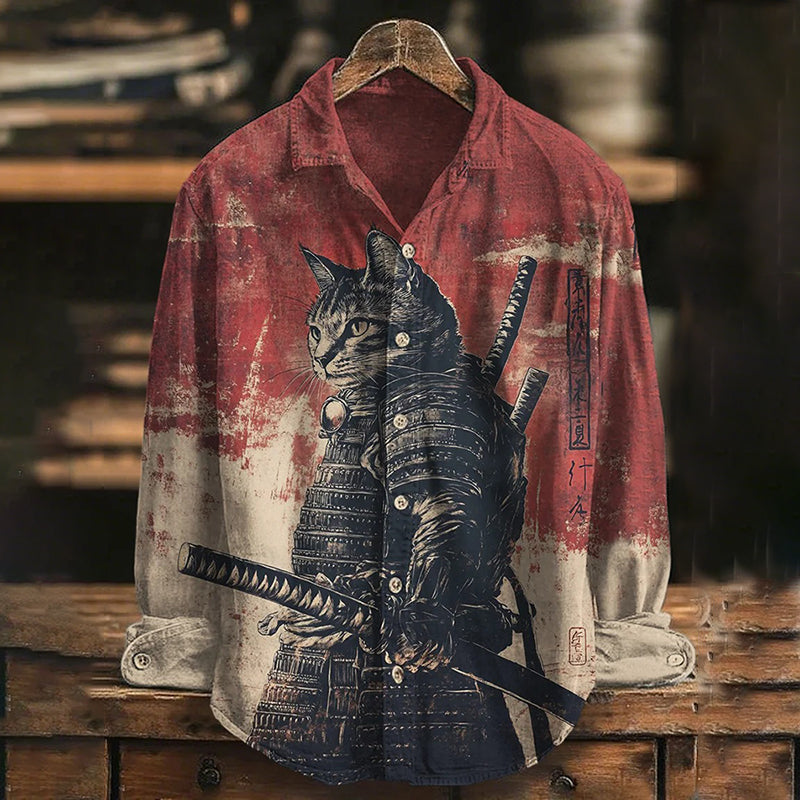 Men’s Cat Samurai Japanese Katana Print Long Sleeve Shirt | Premium Cotton Linen Shirt for Men