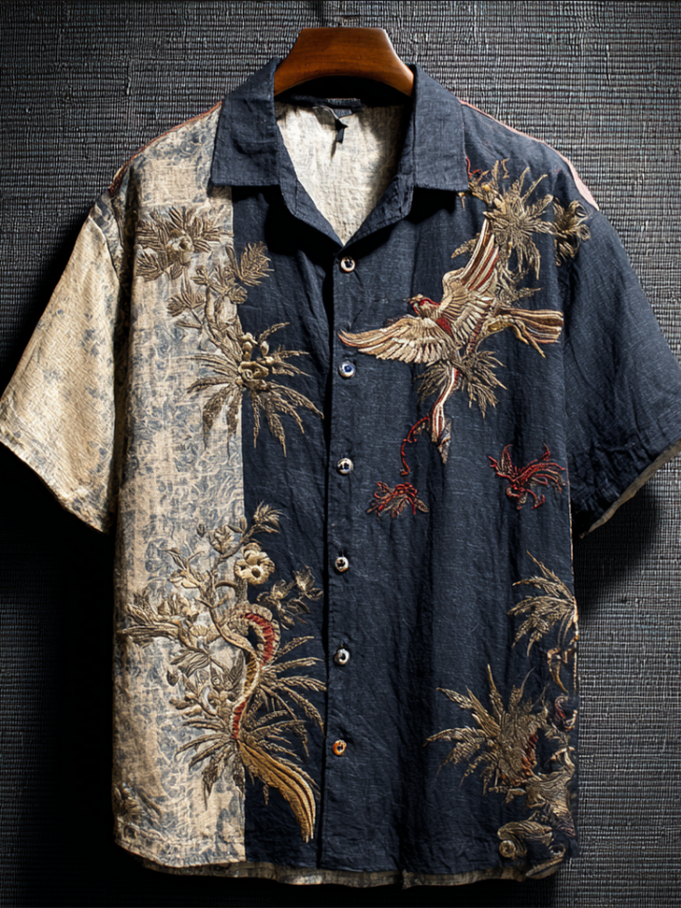 Japanese Art Style Bird And Flower Pattern Men’s Cotton And Linen Short Sleeve Shirt | Premium Cotton Linen Shirt for Men