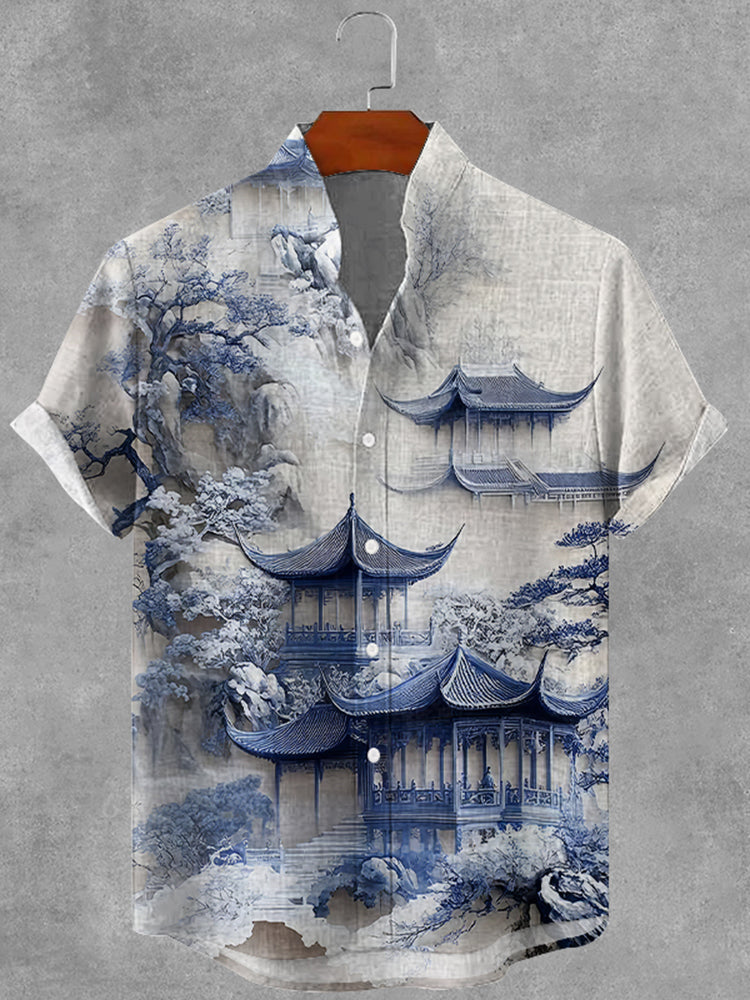 Men’s Japanese Art Print Casual Short Sleeve Shirt | Premium Cotton Linen Shirt for Men