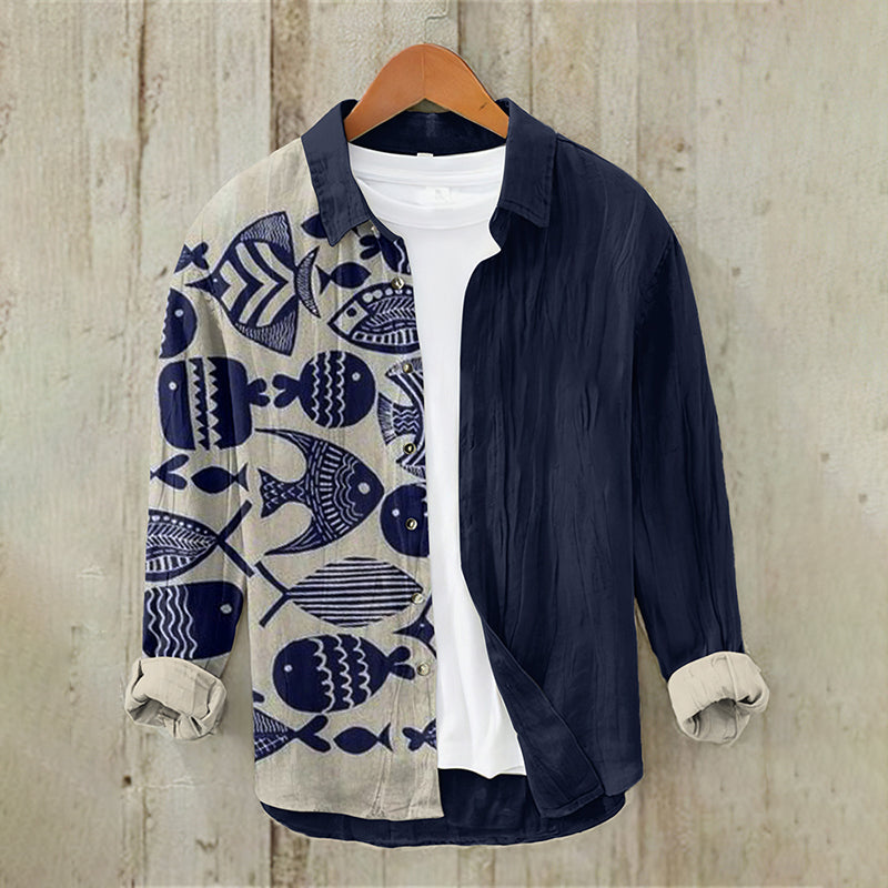 Japanese Art School Fish Button Casual Linen Blend Shirt | Premium Cotton Linen Shirt for Men