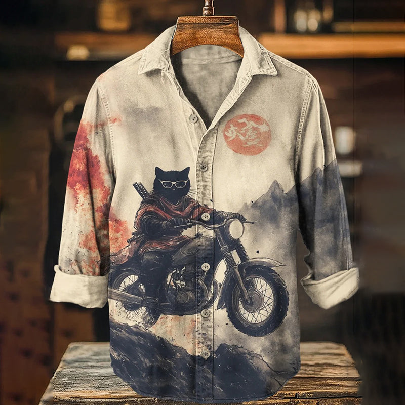 Men’s Retro Black Cat On Motorcycle Art Print Long Sleeve Shirt | Premium Cotton Linen Shirt for Men