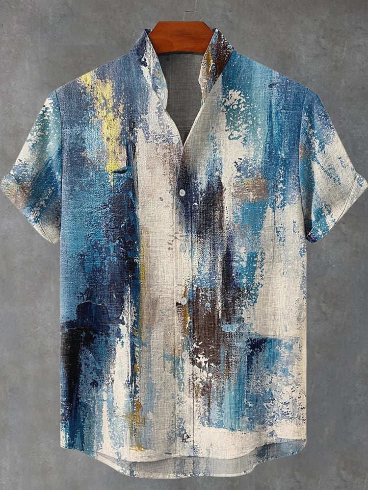 Men’s Vintage Abstract Geometric Oil Painting Gradient Art Short Sleeve Shirt | Premium Cotton Linen Shirt for Men