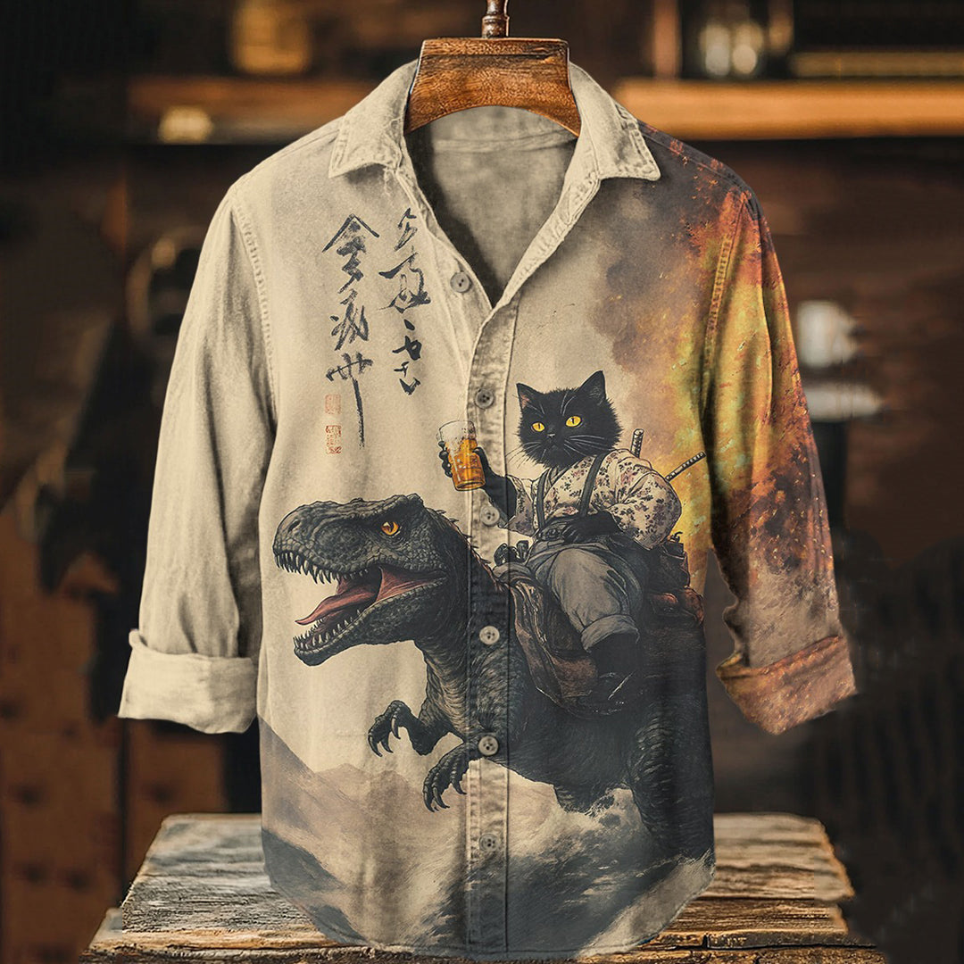 Men’s Black Cat Holding Beer Riding Dinosaur Print Long Sleeve Shirt | Premium Cotton Linen Shirt for Men